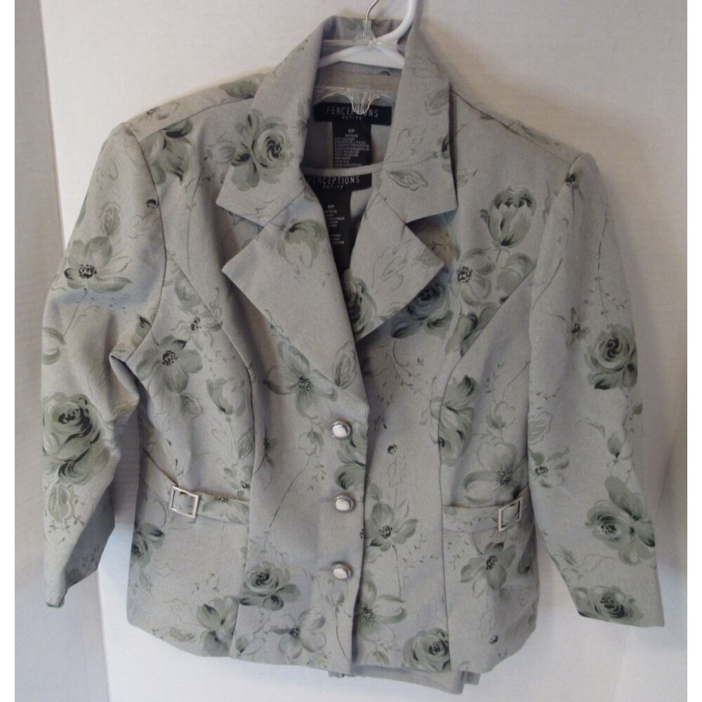 VTG 3 Piece Perceptions Size 6 Petite Gray Green Floral Blazer Shirt Pant Suit
